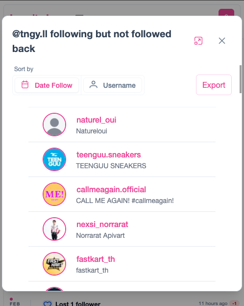 Non-followers page showing one-way follows